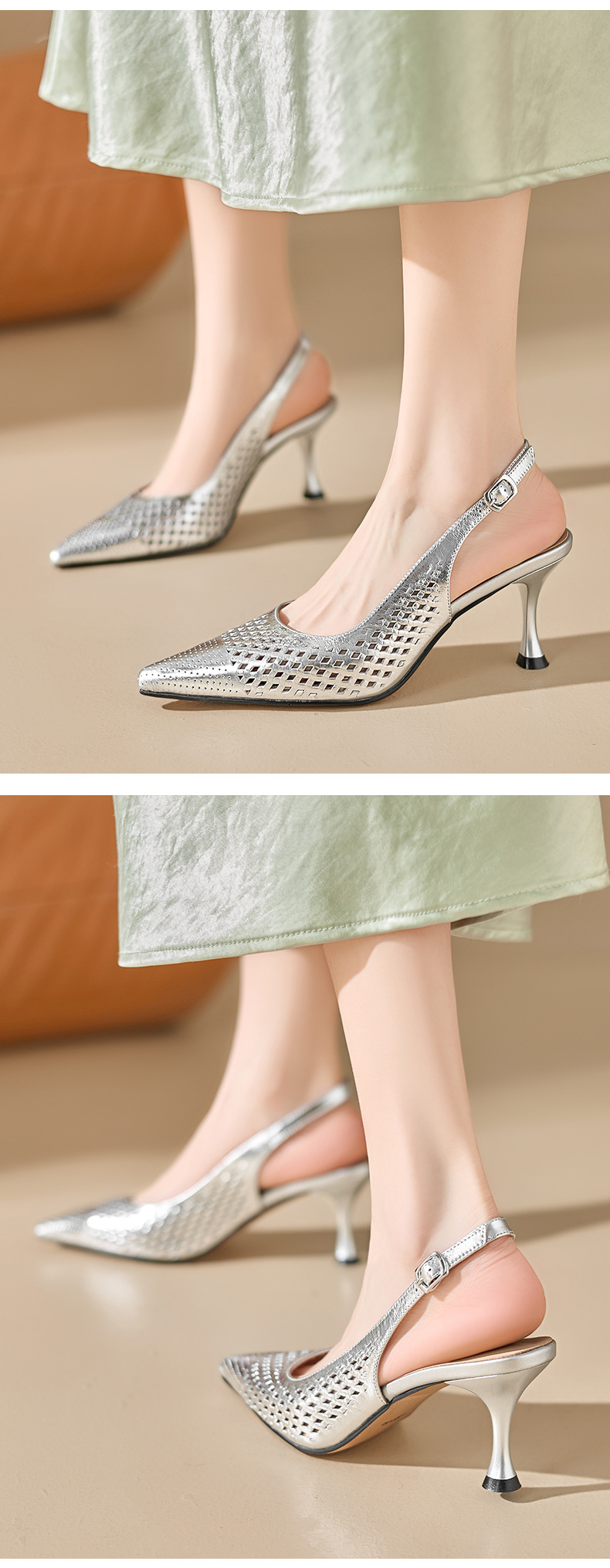 Sandal cao gót nữ mũi nhọn hở gót, gót 7 cm, phong cách Âu Mỹ — màu vàng chi tiết 4