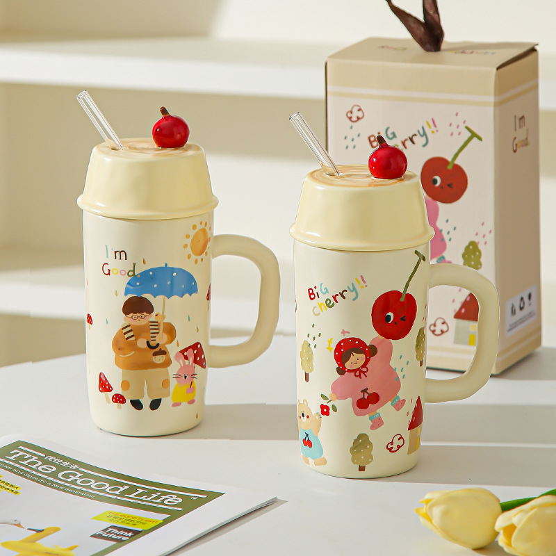 Caricatura creativa para niños y niñas tazas de cerámica con cubierta de paja para parejas tazas de agua taza de leche taza de desayuno regalo