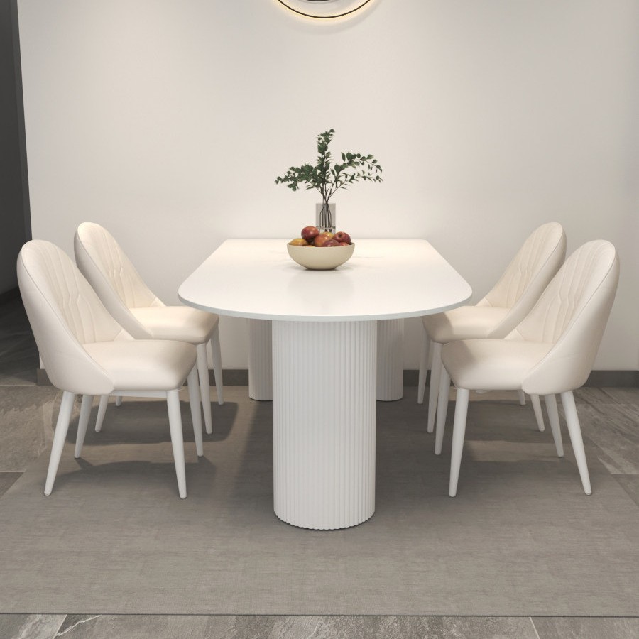 Mesa de comedor de estilo francés de estilo crema, mesa de esquina redondeada rectangular, combinación de mesa de comedor y silla doméstica moderna y simple