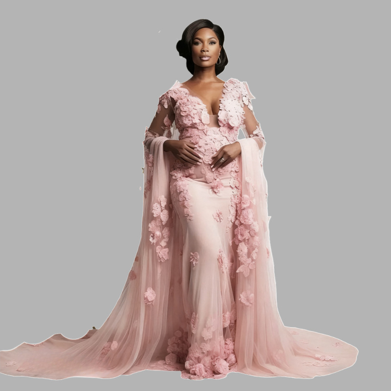 Cross-Border Maternity Photo Shoot Clothing Dress New Photography Dress Big Belly Long Sleeves Tail Three-Dimensional Flowers