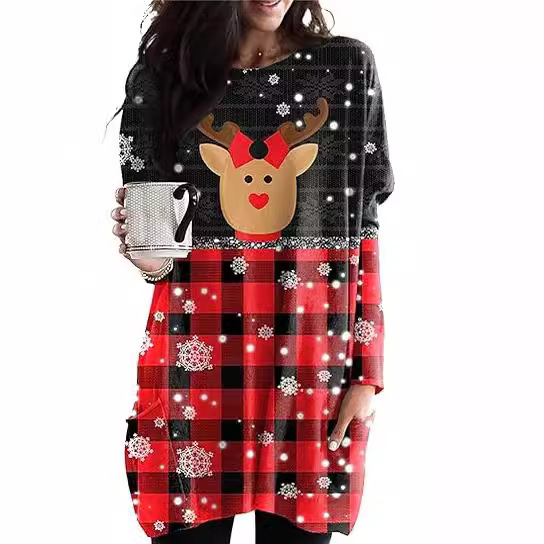Cross-Border Christmas Theme Dress Loose Long-Sleeved Plus Size Women's Home Wear Pullover Off-Shoulder Flap Pocket Pants Long-Sleeved T-Shirt Cross-Border Christmas Theme Dress Loose Long-Sleeved Plus Size Women's Home Wear Pullover Off-Shoulder Flap Pocket Pants Long-Sleeved T-Shirt
