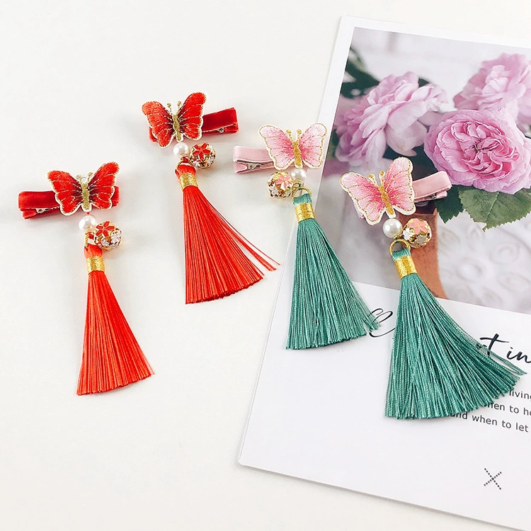 Китайский стиль шип заколка для волос Вышивка Бабочка кисточка аксессуары для волос Новогодние Детские головные уборы маленькая девочка Hanfu колокольчик пара зажим