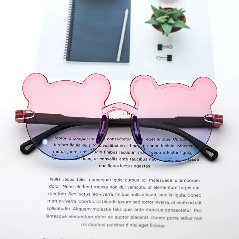 新款小熊连体框儿童太阳镜批发 儿童墨镜渐变色无框卡通儿童眼镜