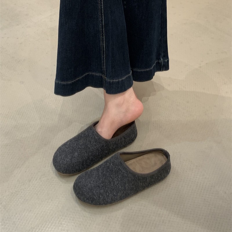 厚底呢子面勃肯鞋一脚蹬半托单鞋女鞋子2025秋冬包头半拖鞋博肯鞋|undefined