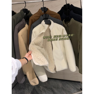 Great warmth!Polar fleece + imitation sherpa!Autumn and winter couples' thickened stand-up collar trendy jackets