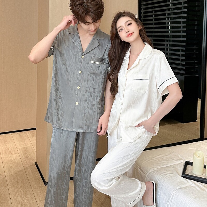 2024 Summer New Ice Silk Couple Pajamas Women's Jacquard Thin High-end Short-sleeved Trousers suit Home Clothes