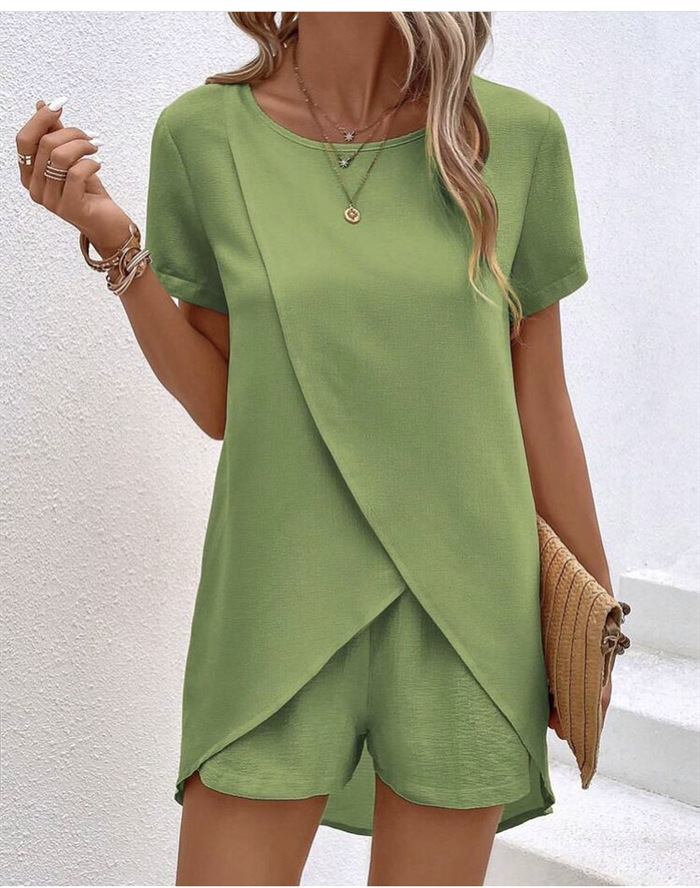 Summer Women's Solid Colour Two-piece Set With Irregular Top_voghion.com