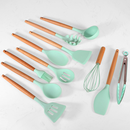 Cross-border new product multi-color wooden handle silicone kitchen utensils single bulk non-stick spatula kitchen utensils set of eleven pieces