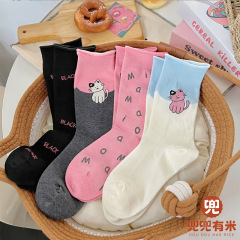 抗起球纯棉女袜子秋冬新款日系可爱插画卡拼色通猫女中筒袜子批发