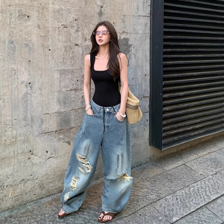 Spring and Summer European and American U-Neck Low-Cut Camisole Jumpsuit + Women's American Retro High-Street Ripped Loose Wide-Leg Jeans