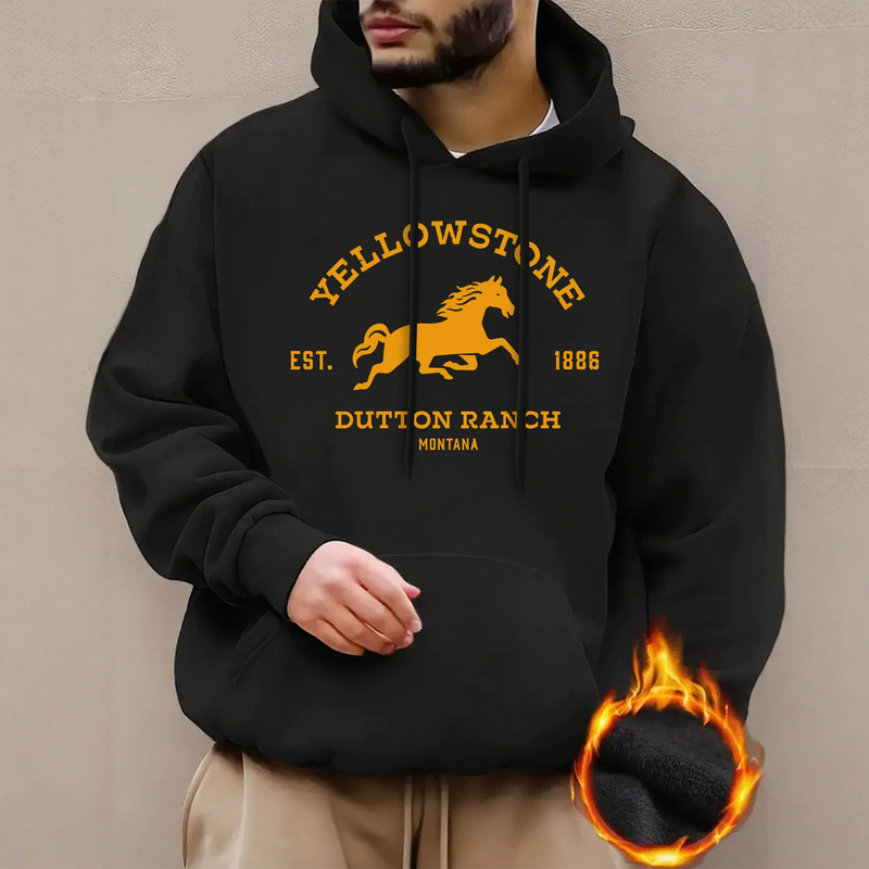 Yellowstone Dutton Ranch Galloping Horse Print Hooded Sweatshirt|Western American TV Series Retro Style Men's Fleece-Lined Loose Hoodie Yellowstone Dutton Ranch Galloping Horse Print Hooded Sweatshirt|Western American TV Series Retro Style Men's Fleece-Lined Loose Hoodie
