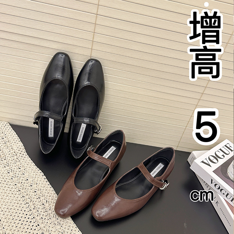 French Style Inner Height Increasing Girl's 2025 Spring and Autumn New Arrival One-word Buckle Belt V-Mouth Mary Jane Flat Shoes Women's Ballet Shoes