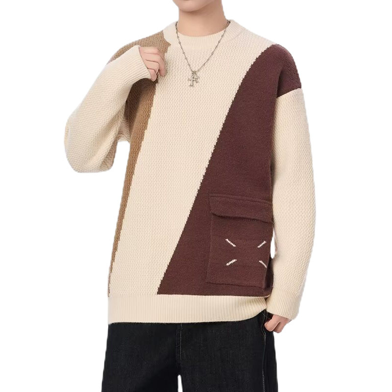 Explosiones transfronterizas de tamaño europeo tamaño grande color contrastante junta camiseta de punto suéter hombre cuello redondo alta fábrica de camiseta de otoño y invierno al por mayor