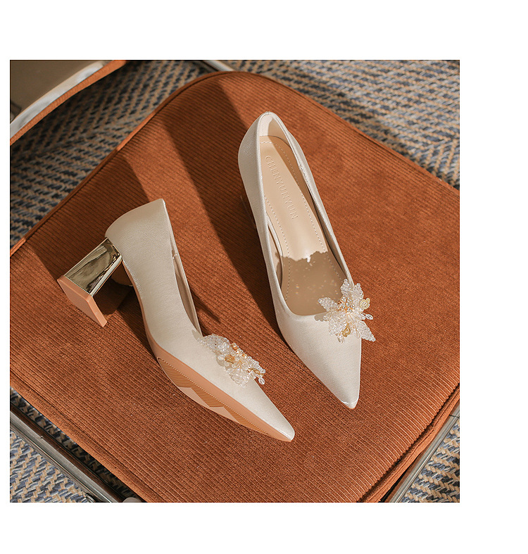 Giày cao gót nữ mũi nhọn satin gót thô Jin Gang CH60-41 — Màu đỏ rượu chi tiết 21