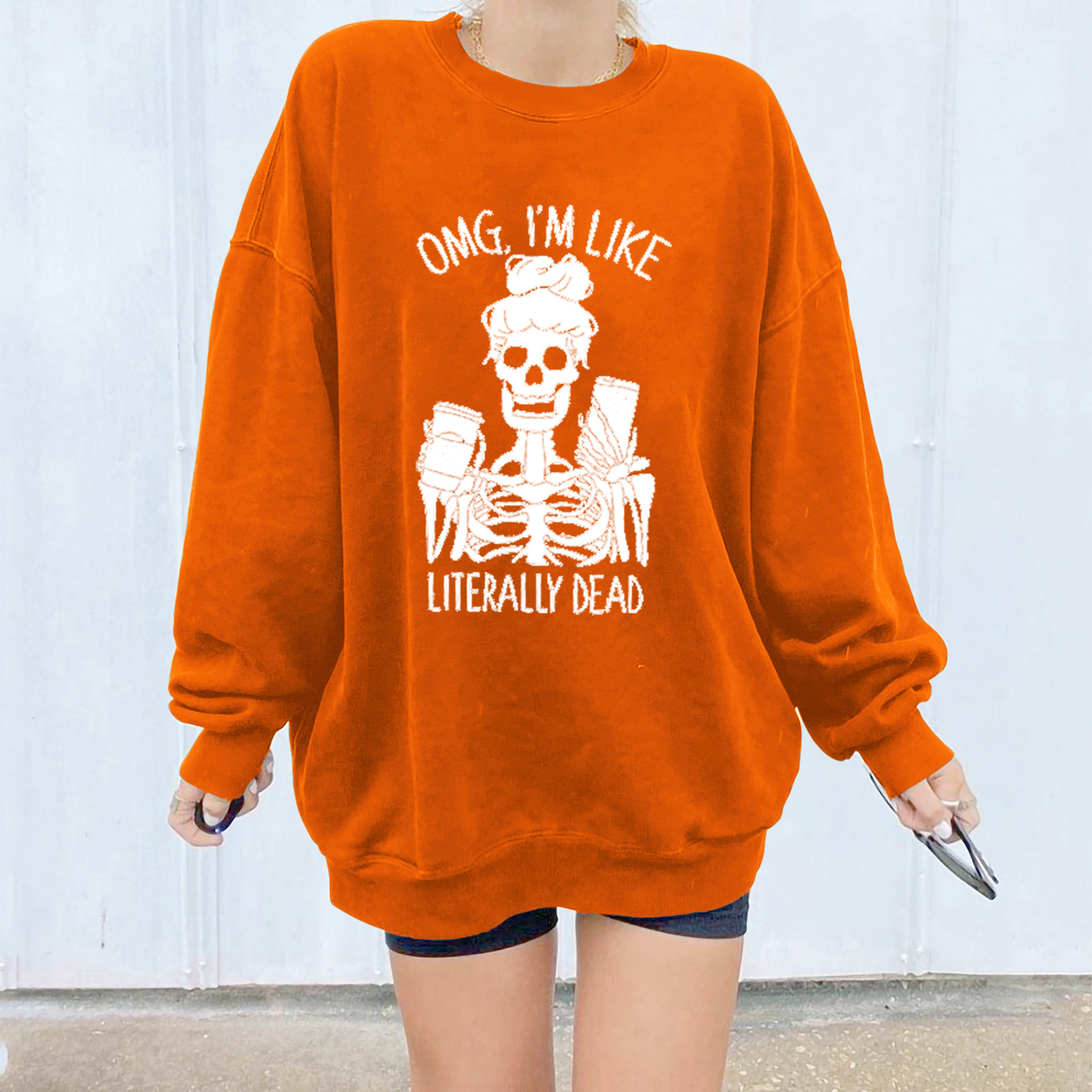 Skull Print Women's Sweatshirt Oversized Drop Shoulder Pullover_voghion.com