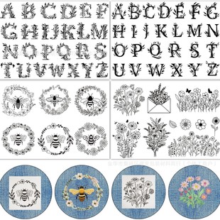 4 Sheets of A4 Printable Flowers + Letters + Bee Pattern Adhesive Water-Soluble Non-Woven Fabric Handmade Self-Adhesive DIY Embroider