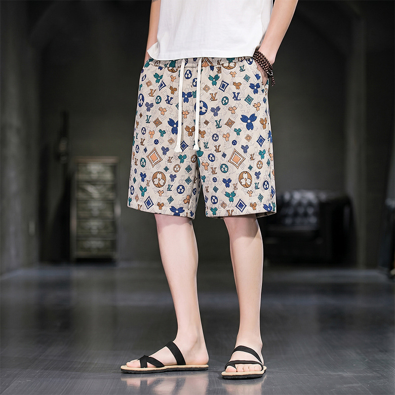 Summer New Cross-Border Light Luxury Retro Jacquard Yarn-Dyed Men's Five-Point Shorts with Drawstring Elastic Waist for Men's Beach Casual Wear