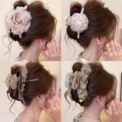 スーパーフェアリーメッシュリボンヘアピン女性用 2025 新しいローズシャーククリップ後頭部ヘアクリップヘアアクセサリー