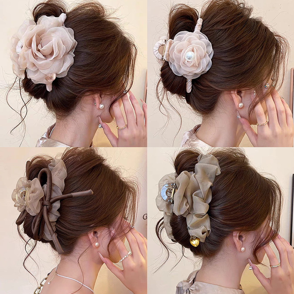 Super Fairy Mesh Bow Hairpin Grabber for Women 2025 New Rose Flower Shark Clip on the Back of the Head with Large Hair Volume Headdress