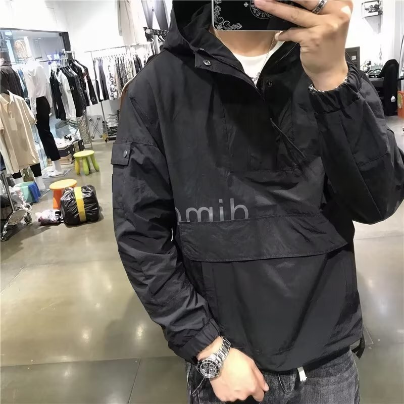 Spring and Autumn Japanese Style Solid Color Casual Hooded Windproof Jacket Youth Pullover Trendy Workwear Style