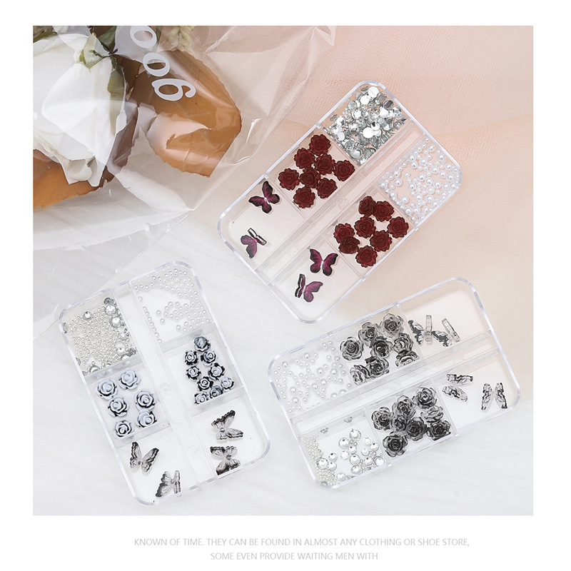 Caliente chica rojo Camelia uñas joyería Pequeño Libro Rojo caliente paquete de material ratán coral mariposa decoraciones uñas