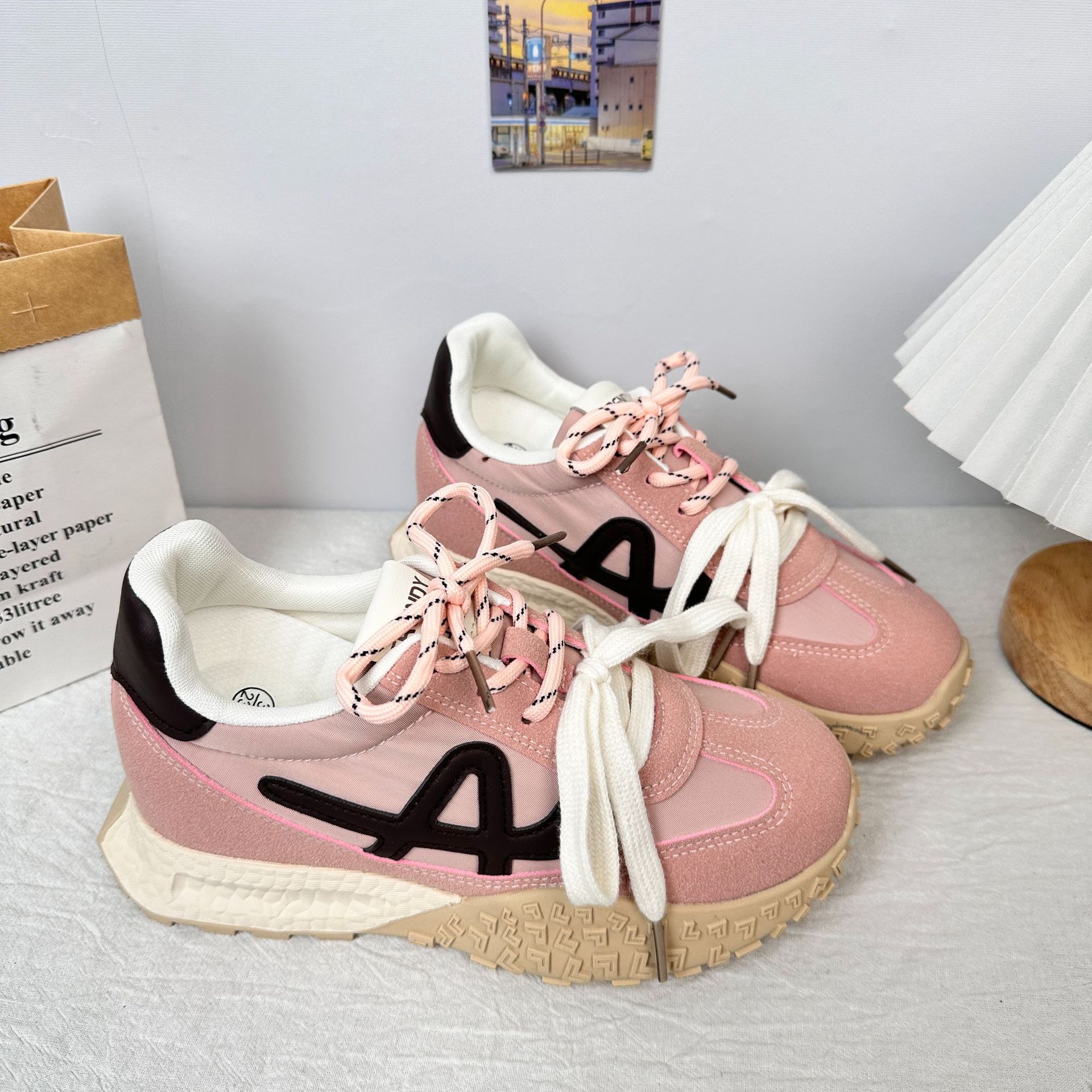 A9910 American Forrest Gump Zapatos casuales de nuevo estilo, cordones de dos colores, suela gruesa transparente y versátil, cordones, zapatos de mujer de moda ligera