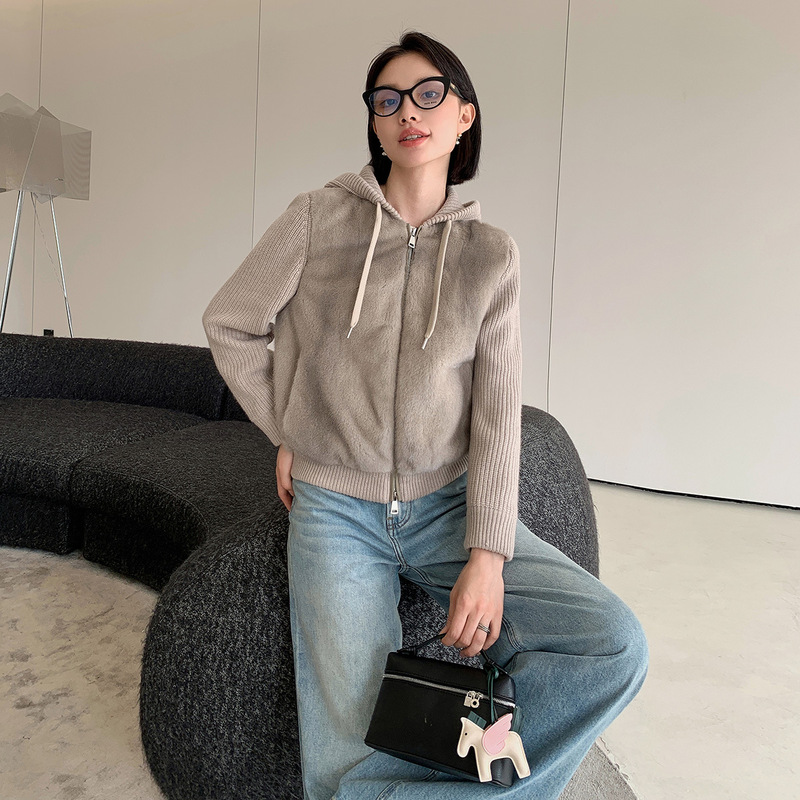 LP Same-style High-end Winter Coat Cashmere Knitted Stitching Mink Whole Mink Fur Hooded Down Jacket for Women LP Same-style High-end Winter Coat Cashmere Knitted Stitching Mink Whole Mink Fur Hooded Down Jacket for Women