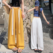 拿样价休闲裤韩式高腰系带阔腿裤女夏季蕾丝拼接直筒裤松代发批发