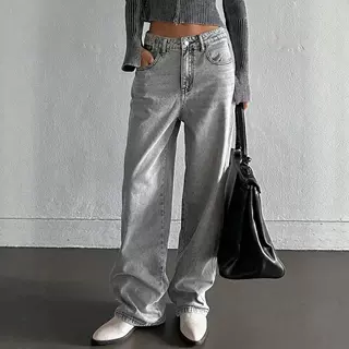 美式街头复古烟灰色水洗阔腿牛仔裤女秋冬欧美款高腰宽松阔腿拖地