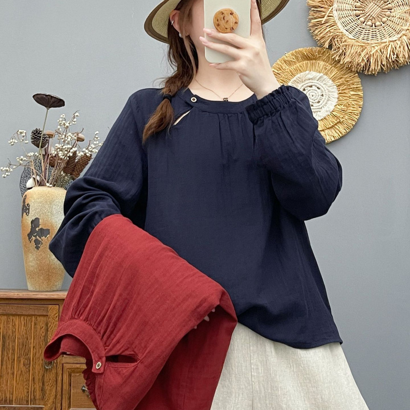 Factory direct sale stylish round-neck pullover double-layer cotton gauze long-sleeve shirt, women's 2026 autumn new casual top