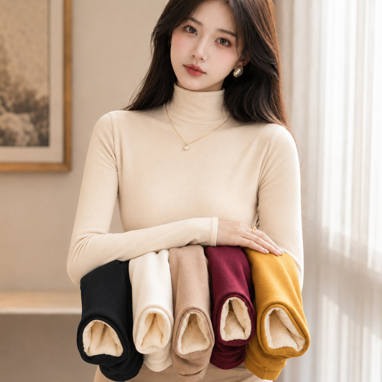 Fleece-lined and thickened mock neck base layer top for women, new autumn and winter inner layer, black and white, stylish mid-neck pullover long sleeves