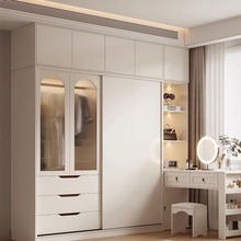 法式奶油风推拉门衣柜家用卧室现代简约玻璃小户型简易衣橱组合