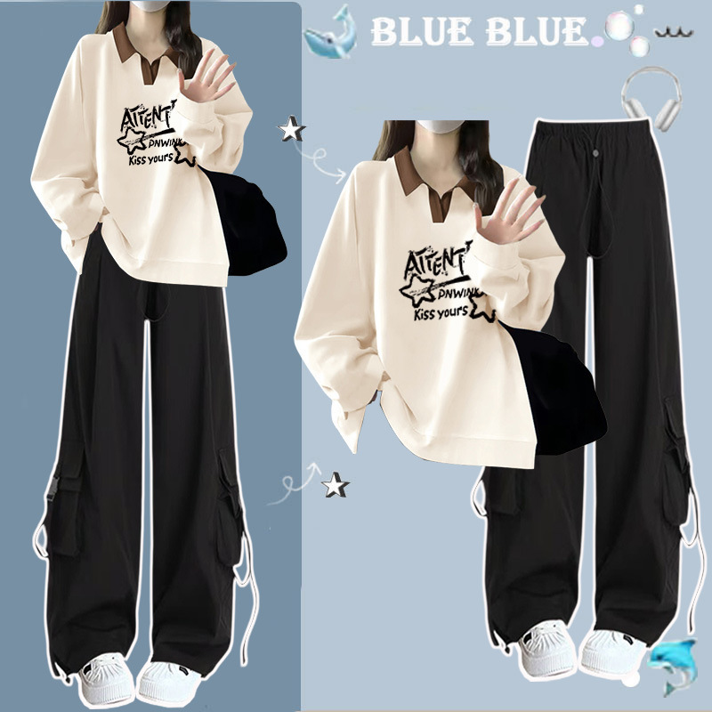 Girls' Preppy Style Suit 2025 Autum New Polo Collar Sweatshirt Middle School Students Versatile Loose Cargo Pants Suit