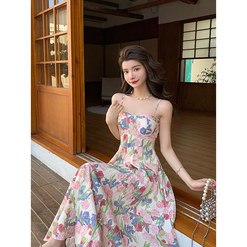 Spring New Style Suspender Square-Neck Printed Dress for Women, Fresh and Sweet, Slimming Floral Patchwork Long Dress, Girly Style Spring New Style Suspender Square-Neck Printed Dress for Women, Fresh and Sweet, Slimming Floral Patchwork Long Dress, Girly Style