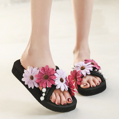 夏季珍珠花朵女士凉拖鞋海边度假沙滩鞋交叉带防滑高跟一字拖潮|ms