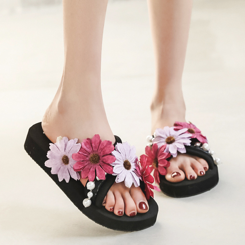 夏季珍珠花朵女士凉拖鞋海边度假沙滩鞋交叉带防滑高跟一字拖潮|ms