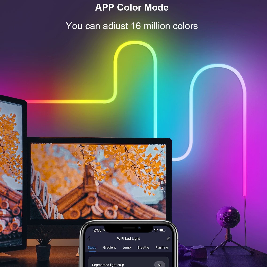 Умная RGB неон-лента LED, гибкий силиконовый 3 м (USB), управление через Wi-Fi приложение, синхронизация музыки