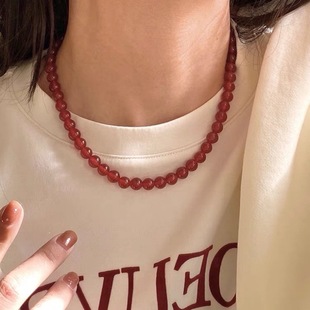Red Classic Autumn and Winter with Chalcedony Necklace Women's Simple Retro Red Agate Beaded Necklace Versatile Gift