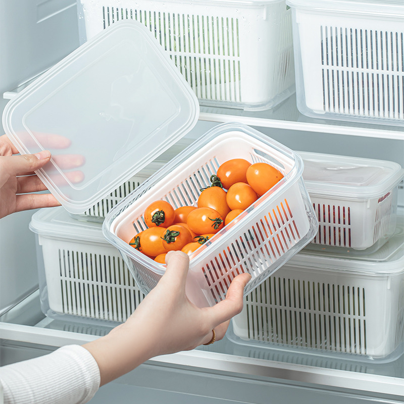Caja de almacenamiento del refrigerador, canasta de drenaje, caja de conservación fresca, cocina de grado alimenticio, frutas y verduras, artefacto de congelación de doble capa especial