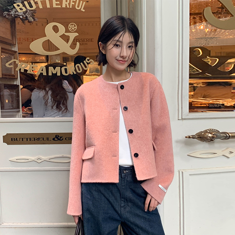 MOXI十三行女装冬季新款韩版圆领短款羊毛羊绒外套双面羊绒大衣女