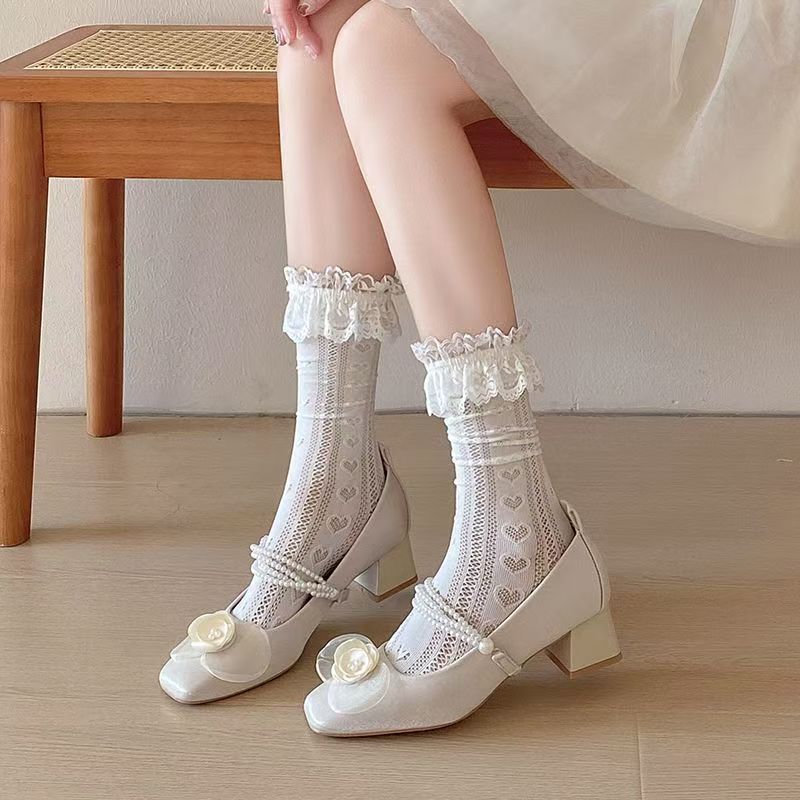 Trendy Japanese-Style Lolita White Lace Trim Mid-Calf Lolita Socks, Knee-High Jk Slouch Socks