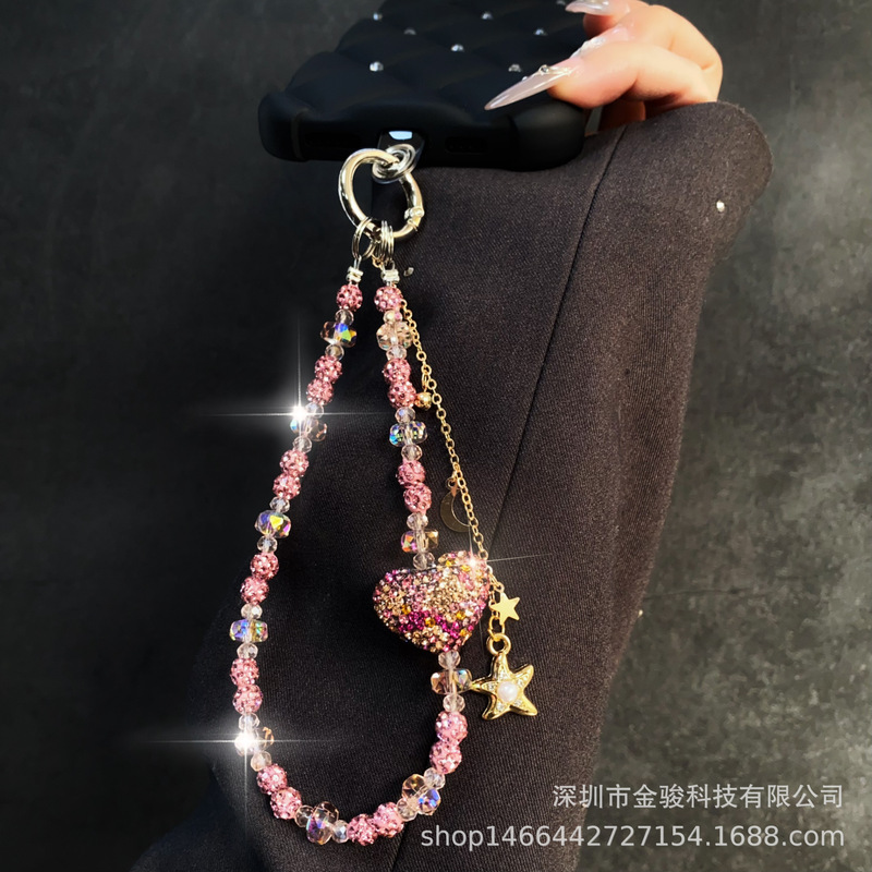 Three-dimensional love rhinestone mobile phone chain high color value star tassel hanging chain new portable wrist lanyard key chain