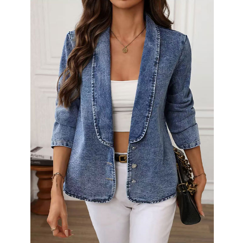 Exclusive cross-border slim-fit denim blazer for women, French retro style, single-breasted, elegant short denim jacket for commuting Exclusive cross-border slim-fit denim blazer for women, French retro style, single-breasted, elegant short denim jacket for commuting