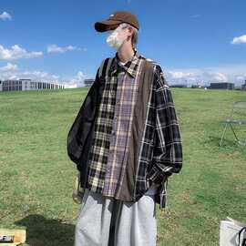 美式高街复古格子拼接长袖衬衫男春秋季新款潮牌街头宽松休闲衬衣