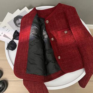 2024 Winter New Velvet-filled Thickened Small Chanel Style Coat Women's wine red Elegant Fashion Short Top