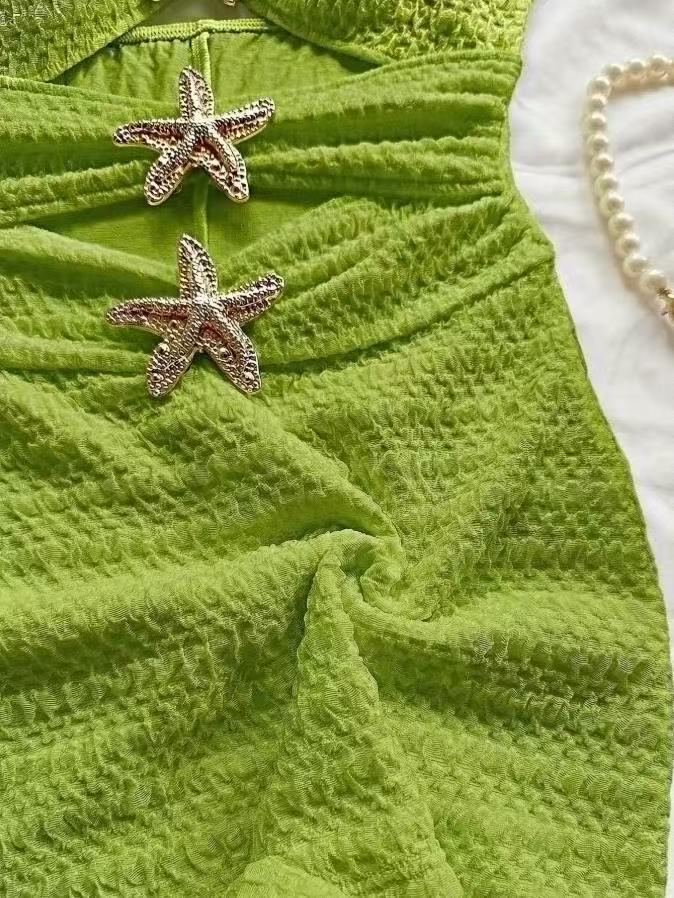 Textured Ruffle Strap One-Piece Swimsuit With Starfish Accent, Cutout Waist Design For Women's Vacation Hot Spring Wear_ecoleips.com
