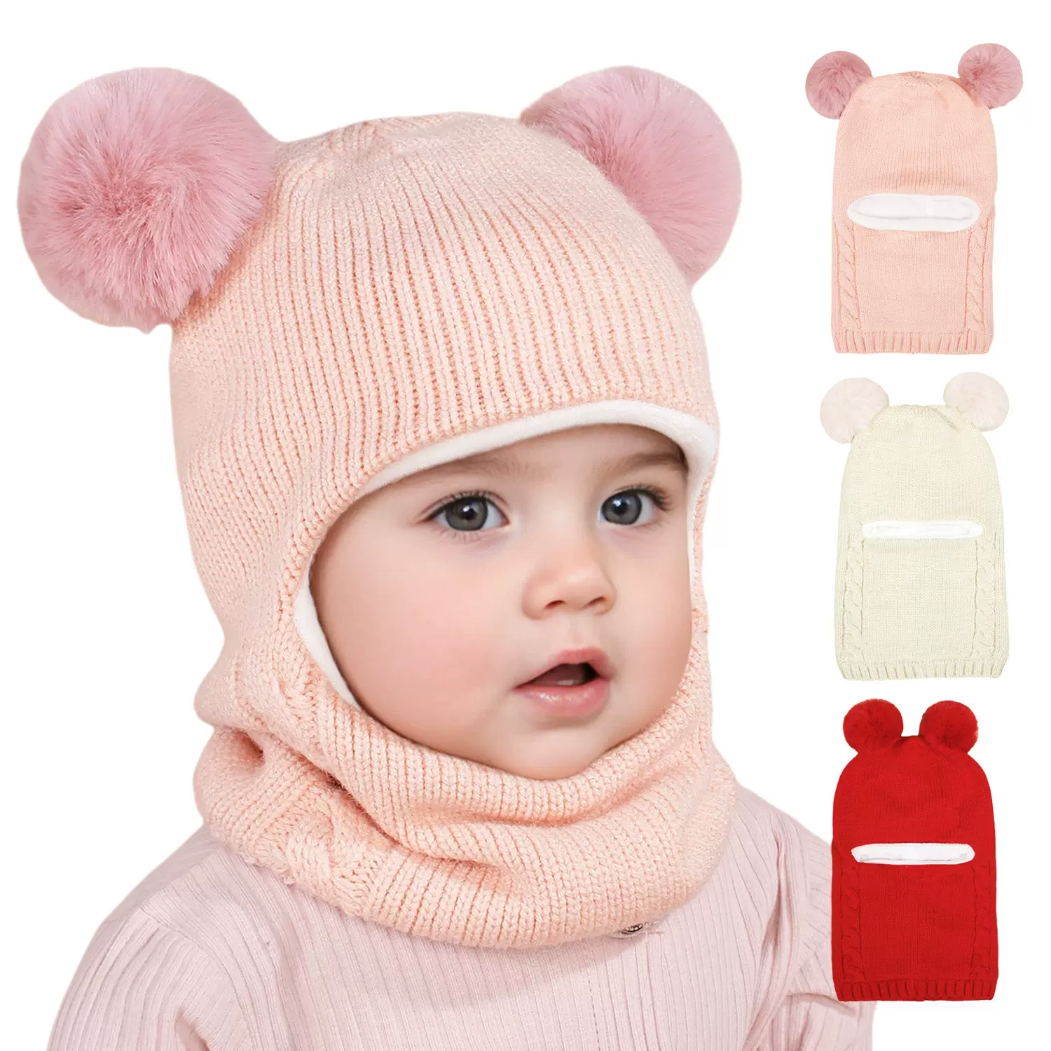 Kids Winter Hats外销秋冬帽子儿童加绒护耳连体帽男女宝宝一体帽