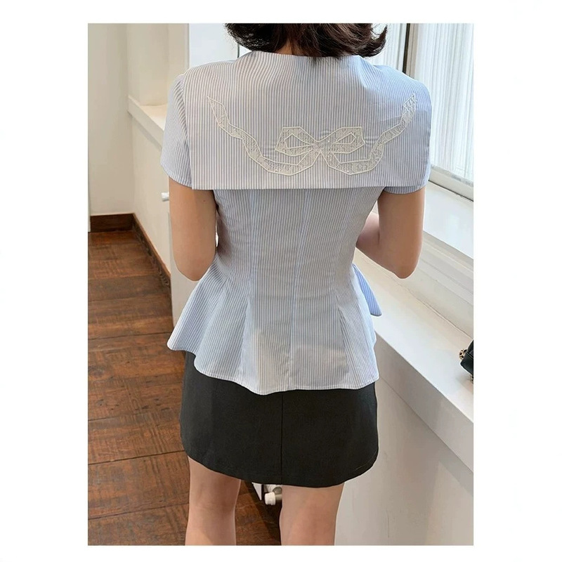 Handsome Sea Breeze Dream Navy Collar Blue and White Striped Short Sleeve Shirt for Women with Lace Bow Embroidery Top Handsome Sea Breeze Dream Navy Collar Blue and White Striped Short Sleeve Shirt for Women with Lace Bow Embroidery Top