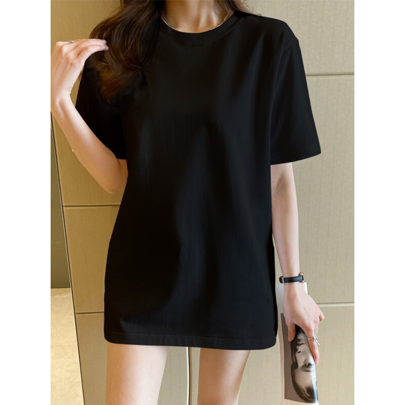 Black Long-Sleeve T-Shirt for Women, Short-Sleeved, Covers the Hips, Mid-Length, Loose Fit, Versatile Solid Color Top, Plus Size, Summer Ins Trend