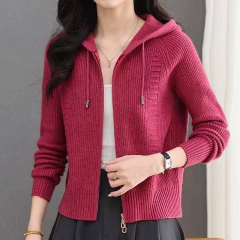 2026 Spring and Autumn New Fashionable Hooded Knitted Cardigan Double Zipper Solid Color Loose Top Jacket Women's Clothing 2026 Spring and Autumn New Fashionable Hooded Knitted Cardigan Double Zipper Solid Color Loose Top Jacket Women's Clothing